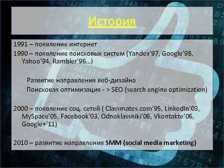 История 1991 – появление интернет 1990 – появление поисковых систем (Yandex’ 97, Google’ 98,