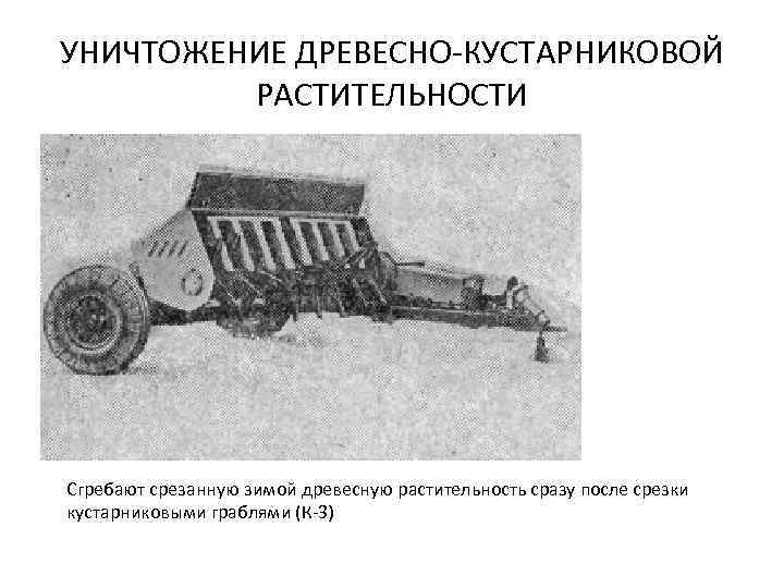 УНИЧТОЖЕНИЕ ДРЕВЕСНО-КУСТАРНИКОВОЙ РАСТИТЕЛЬНОСТИ Сгребают срезанную зимой древесную растительность сразу после срезки кустарниковыми граблями (К-3)