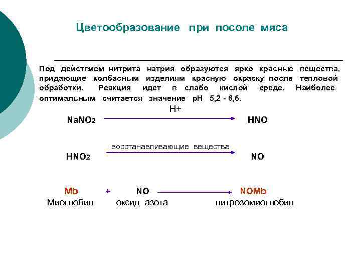 Цветообразование при посоле мяса Под действием нитрита натрия образуются ярко красные вещества, придающие колбасным