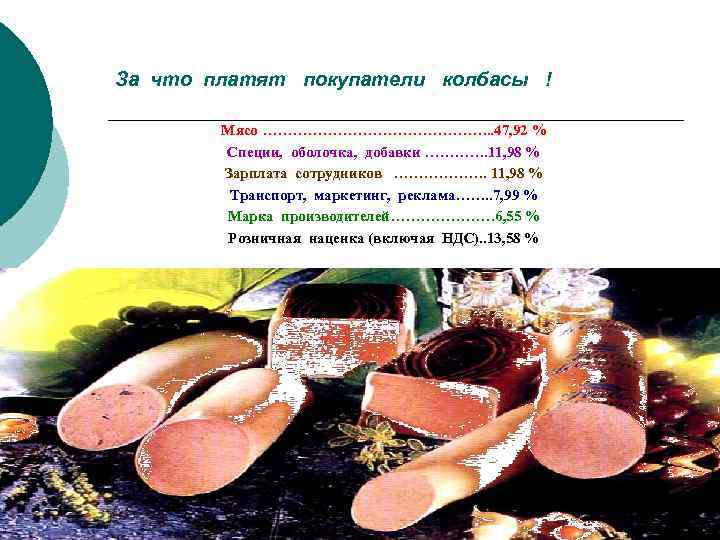 За что платят покупатели колбасы ! Мясо ……………………. . 47, 92 % Специи, оболочка,