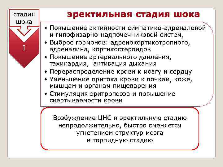 стадия шока I • Повышение активности симпатико-адреналовой и гипофизарно-надпочечниковой систем, • Выброс гормонов: адренокортикотропного,