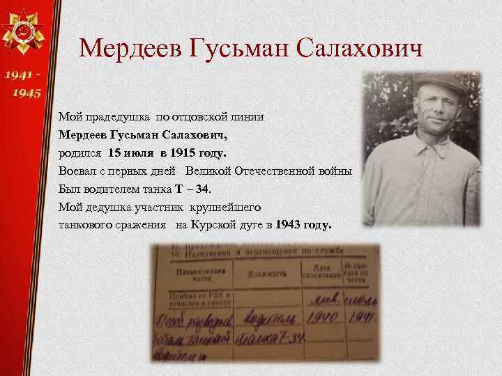 Мердеев Гусьман Салахович Мой прадедушка по отцовской линии Мердеев Гусьман Салахович, родился 15 июля