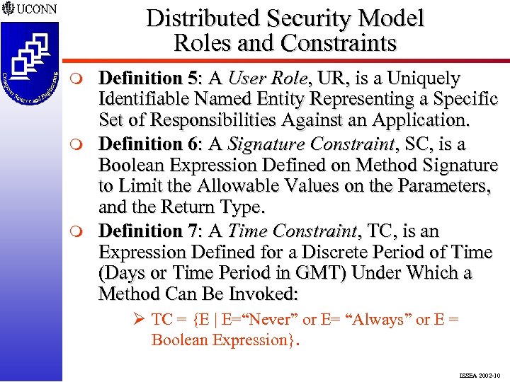 Distributed Security Model Roles and Constraints m m m Definition 5: A User Role,