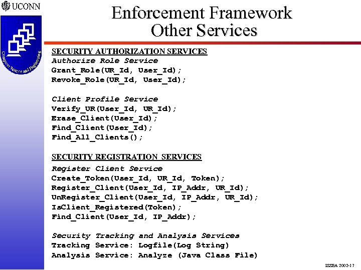 Enforcement Framework Other Services SECURITY AUTHORIZATION SERVICES Authorize Role Service Grant_Role(UR_Id, User_Id); Revoke_Role(UR_Id, User_Id);