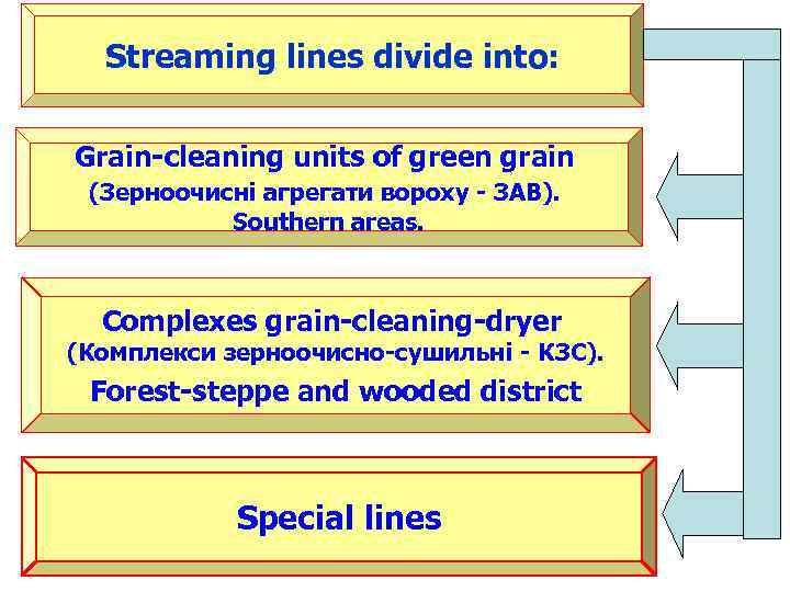 Streaming lines divide into: Grain-cleaning units of green grain (Зерноочисні агрегати вороху - ЗАВ).