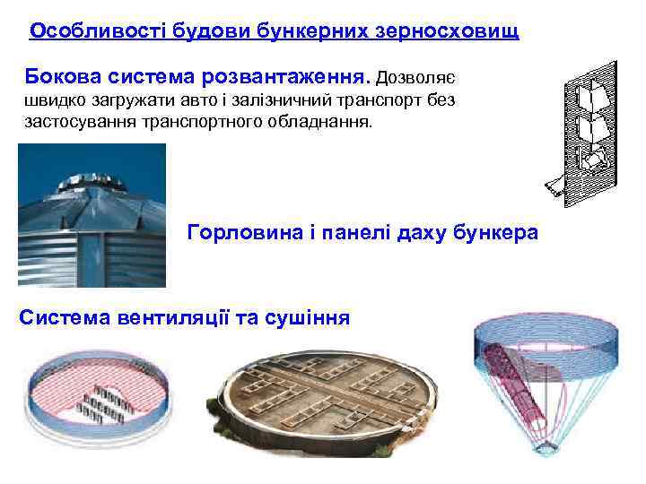 Особливості будови бункерних зерносховищ Бокова система розвантаження. Дозволяє швидко загружати авто і залізничний транспорт