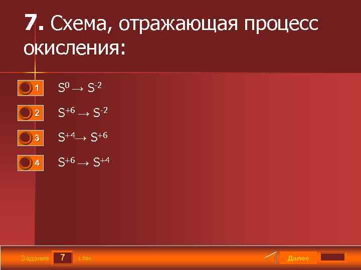 7. Схема, отражающая процесс окисления: 0 0 1 S 0 → S-2 2 S+6