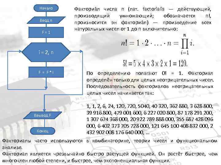 Начало Ввод n F=1 Факториа л числа n (лат. factorialis — действующий, производящий умножающий;