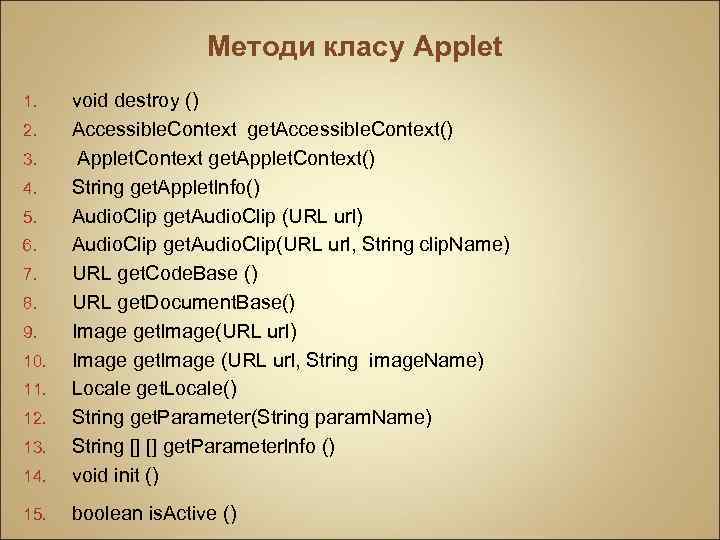 Методи класу Applet 14. void destroy () Accessible. Context get. Accessible. Context() Applet. Context