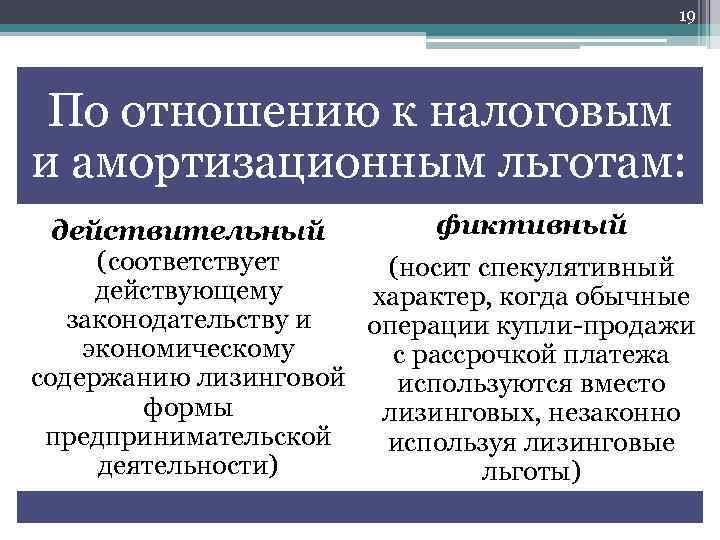 19 По отношению к налоговым и амортизационным льготам: фиктивный действительный (соответствует (носит спекулятивный действующему