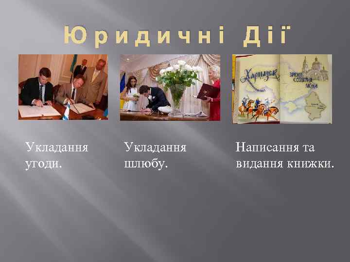 Юридичні Дії Укладання угоди. Укладання шлюбу. Написання та видання книжки. 