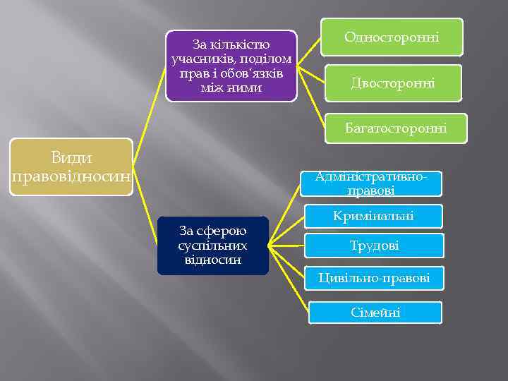 За кількістю учасників, поділом прав і обов’язків між ними Односторонні Двосторонні Багатосторонні Види правовідносин