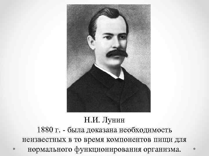 Н. И. Лунин 1880 г. - была доказана необходимость неизвестных в то время компонентов