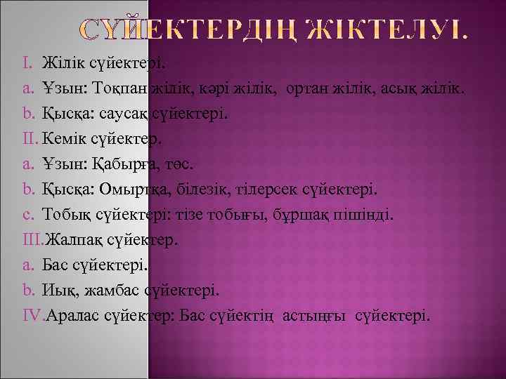 I. Жілік сүйектері. a. Ұзын: Тоқпан жілік, кәрі жілік, ортан жілік, асық жілік. b.