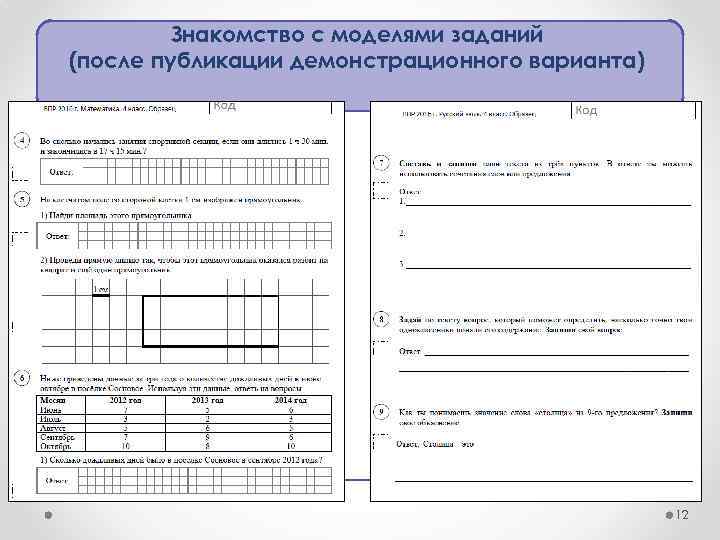 Знакомство с моделями заданий (после публикации демонстрационного варианта) 12 