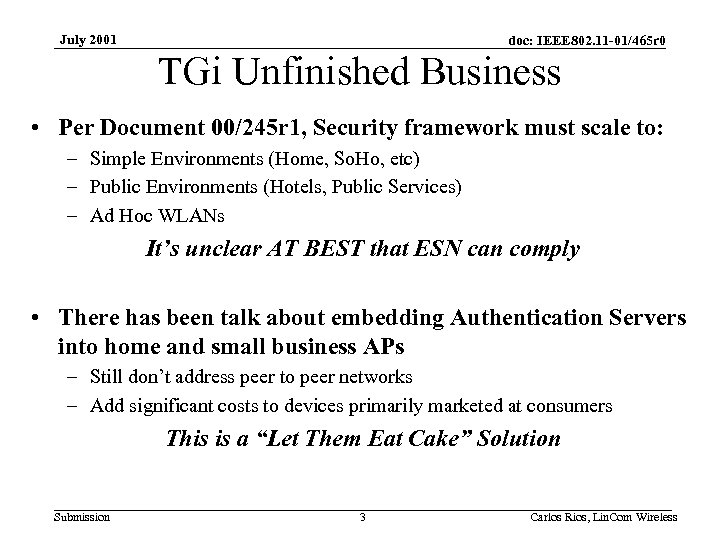 July 2001 doc: IEEE 802. 11 -01/465 r 0 TGi Unfinished Business • Per