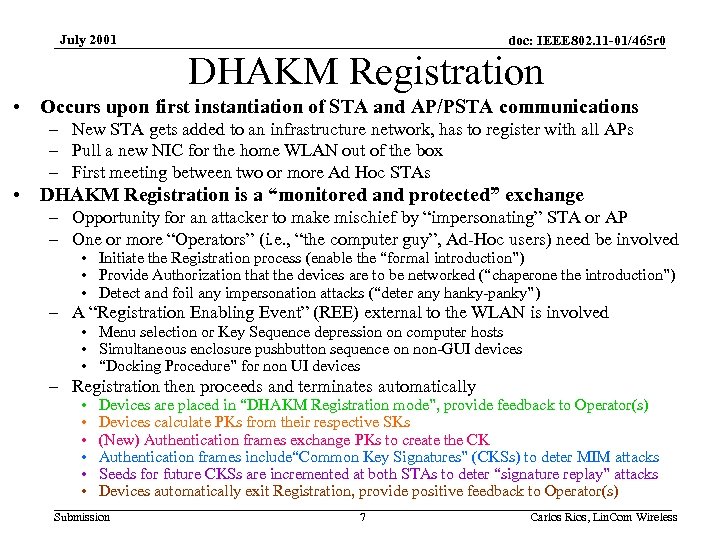 July 2001 doc: IEEE 802. 11 -01/465 r 0 DHAKM Registration • Occurs upon