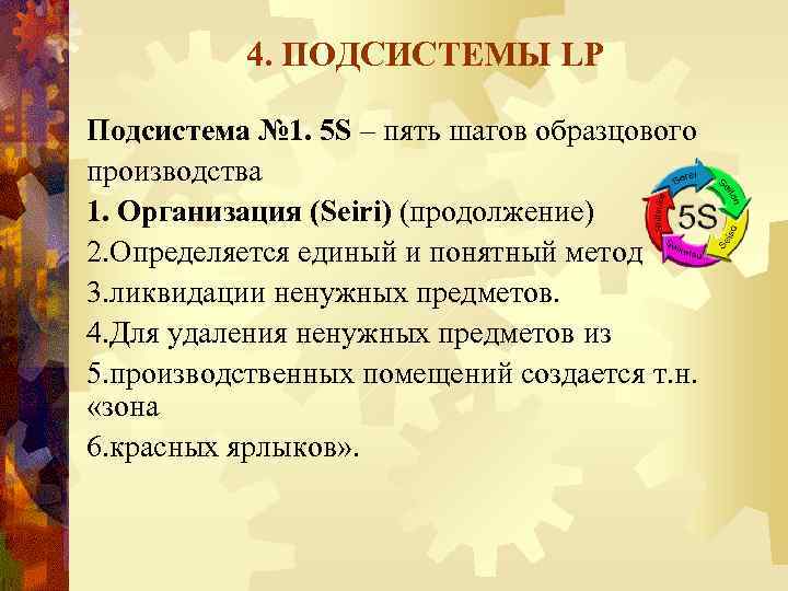 4. ПОДСИСТЕМЫ LP Подсистема № 1. 5 S – пять шагов образцового производства 1.