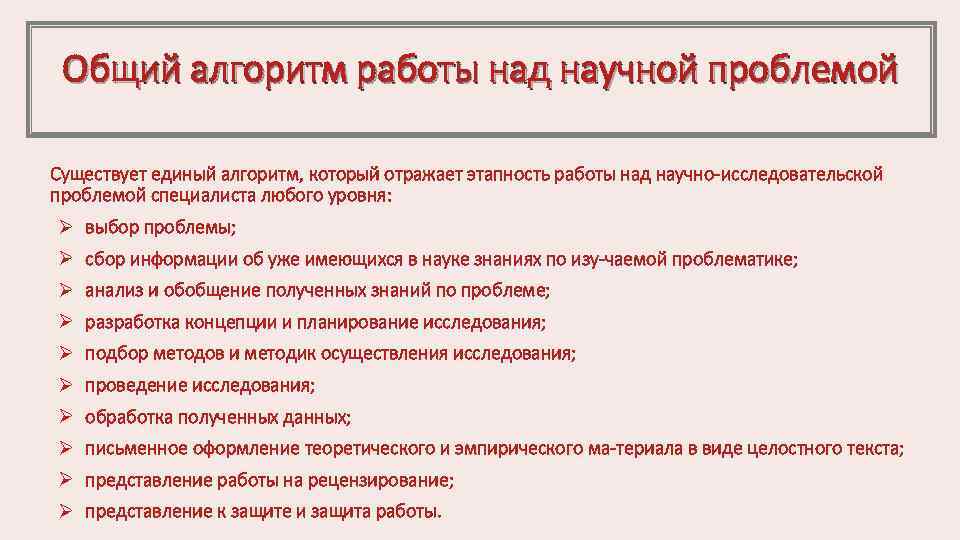 Общий алгоритм работы над научной проблемой Существует единый алгоритм, который отражает этапность работы над