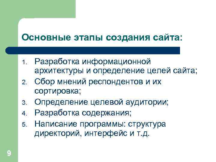 Основные этапы создания сайта: 1. 2. 3. 4. 5. 9 Разработка информационной архитектуры и