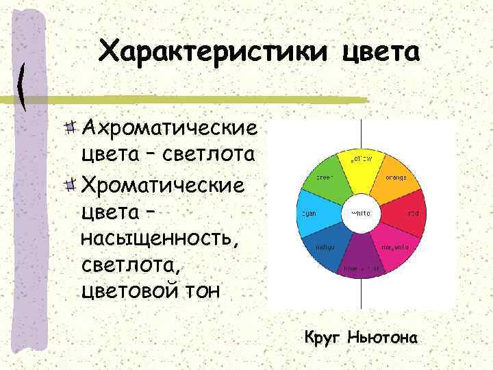 Характеристики цвета Ахроматические цвета – светлота Хроматические цвета – насыщенность, светлота, цветовой тон Круг