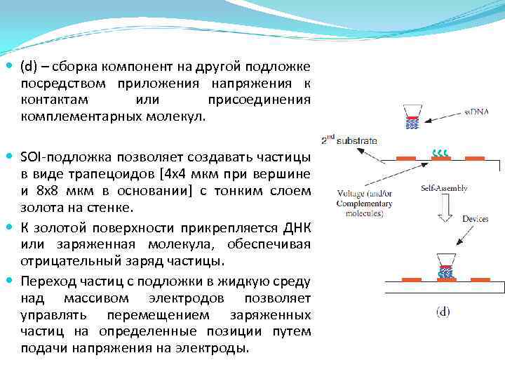  (d) – сборка компонент на другой подложке посредством приложения напряжения к контактам или