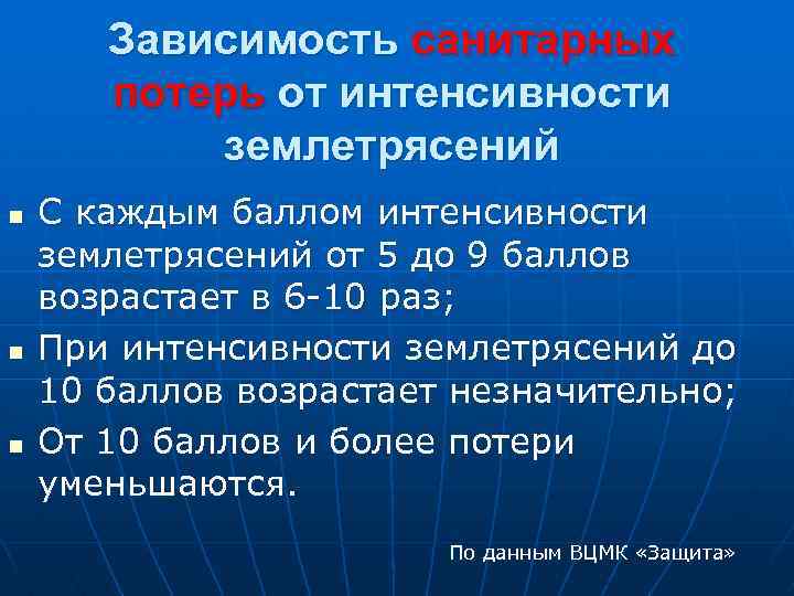 Зависимость санитарных потерь от интенсивности землетрясений n n n С каждым баллом интенсивности землетрясений