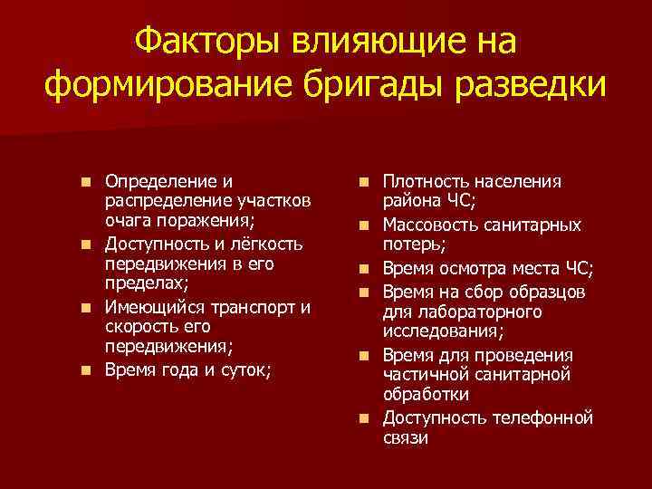 Факторы влияющие на формирование бригады разведки Определение и распределение участков очага поражения; n Доступность
