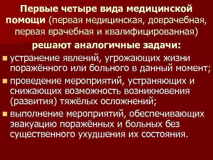 Первые четыре вида медицинской помощи (первая медицинская, доврачебная, первая врачебная и квалифицированная) решают аналогичные