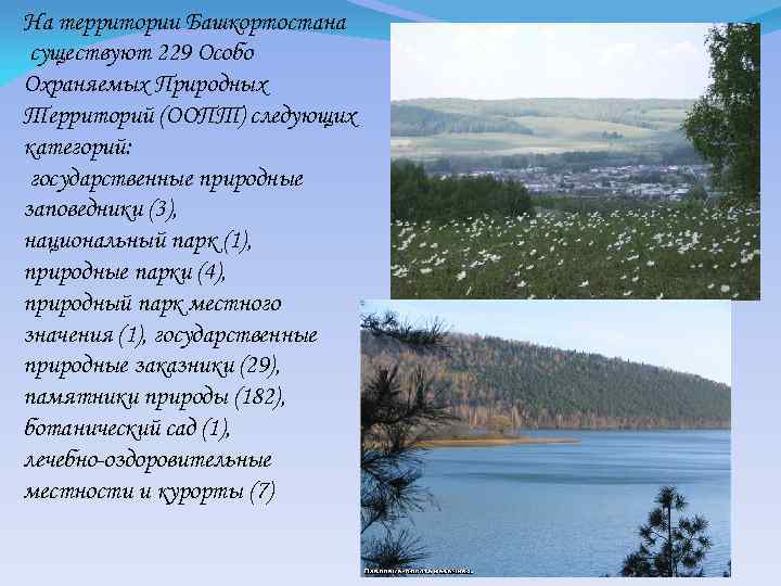 На территории Башкортостана существуют 229 Особо Охраняемых Природных Территорий (ООПТ) следующих категорий: государственные природные