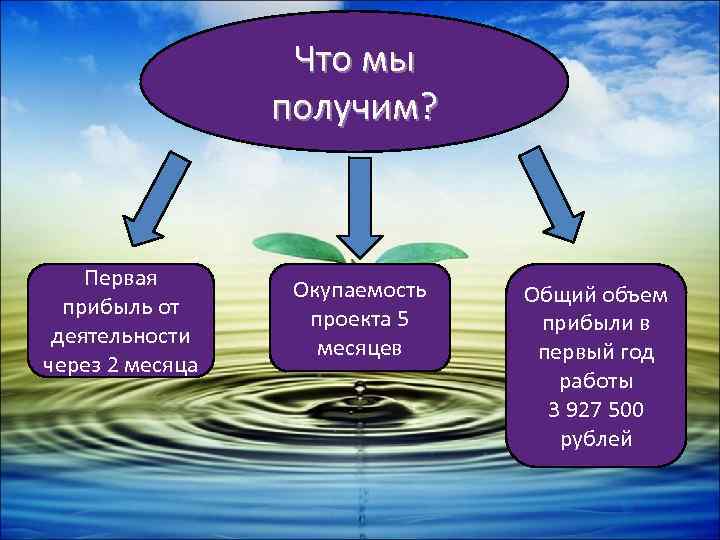 Что мы получим? Первая прибыль от деятельности через 2 месяца Окупаемость проекта 5 месяцев