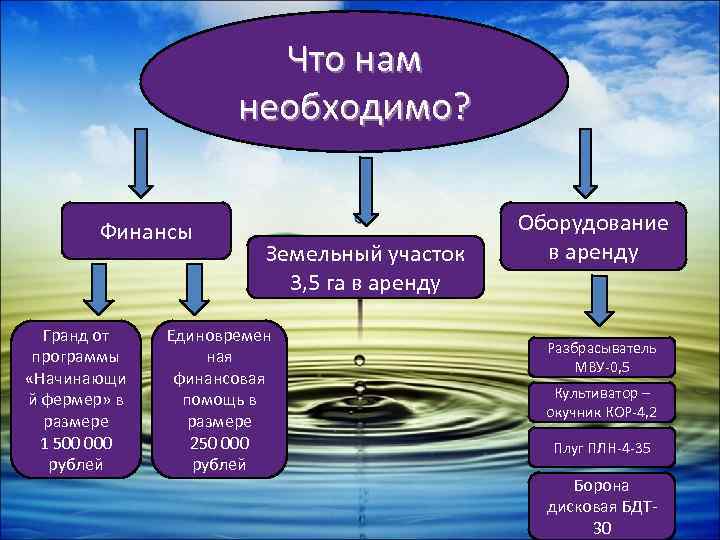 Что нам необходимо? Финансы Гранд от программы «Начинающи й фермер» в размере 1 500