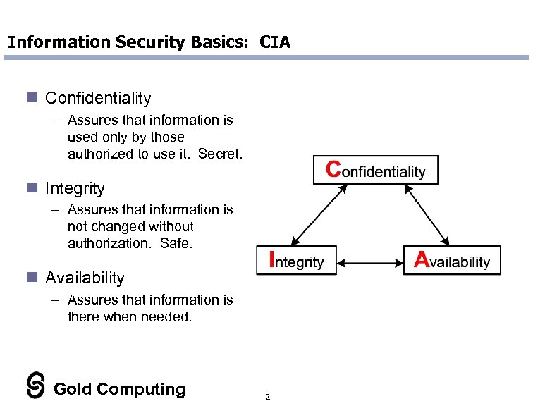 Information Security Basics: CIA n Confidentiality – Assures that information is used only by