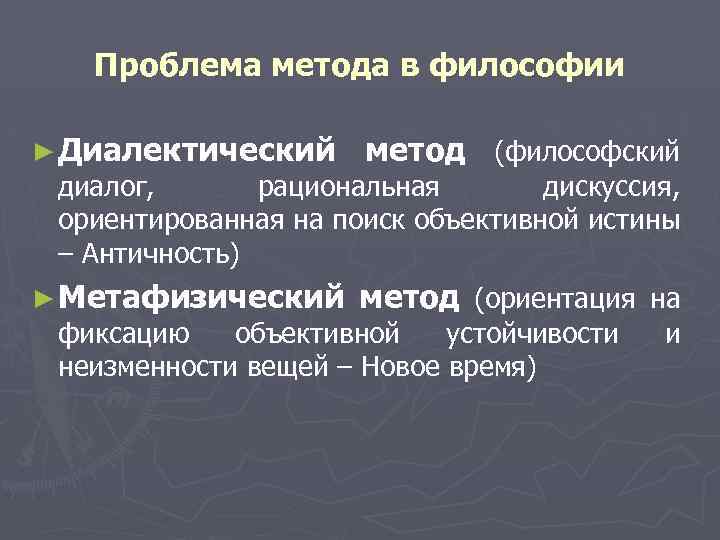 Проблема метода в философии ► Диалектический метод (философский ► Метафизический метод (ориентация на диалог,