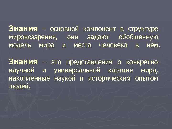 Знания – основной компонент в структуре мировоззрения, они задают обобщенную модель мира и места