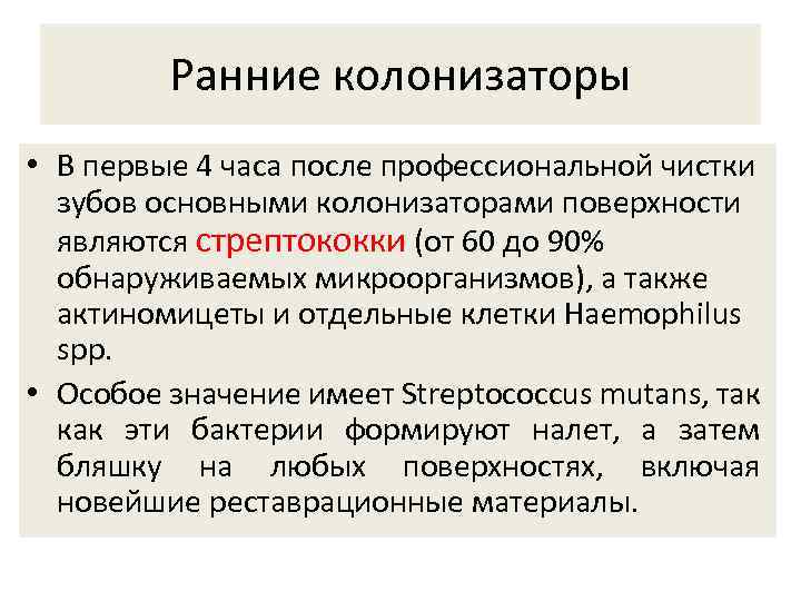 Ранние колонизаторы • В первые 4 часа после профессиональной чистки зубов основными колонизаторами поверхности