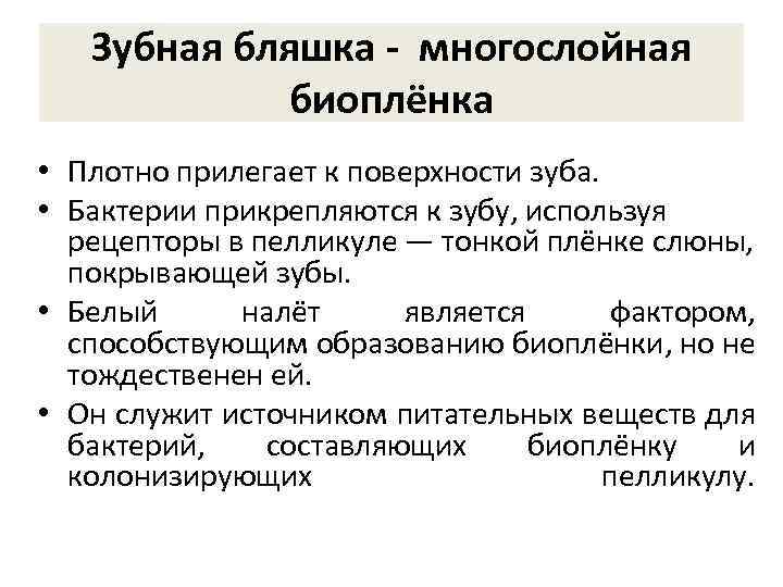 Зубная бляшка - многослойная биоплёнка • Плотно прилегает к поверхности зуба. • Бактерии прикрепляются