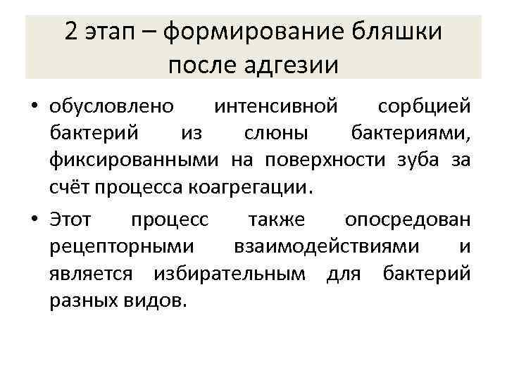 2 этап – формирование бляшки после адгезии • обусловлено интенсивной сорбцией бактерий из слюны