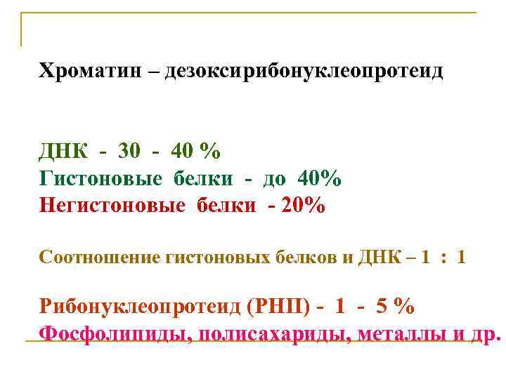 Хроматин – дезоксирибонуклеопротеид ДНК - 30 - 40 % Гистоновые белки - до 40%