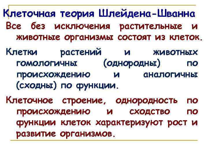 Клеточная теория Шлейдена-Шванна Все без исключения растительные и животные организмы состоят из клеток. Клетки