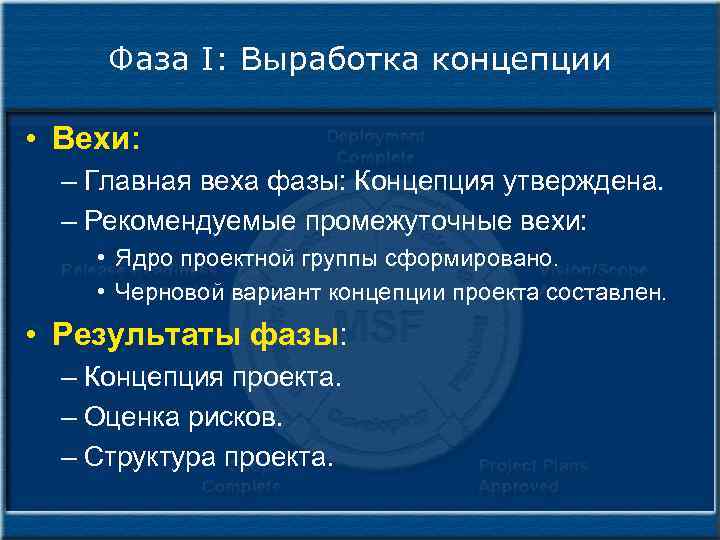 Фаза I: Выработка концепции • Вехи: – Главная веха фазы: Концепция утверждена. – Рекомендуемые