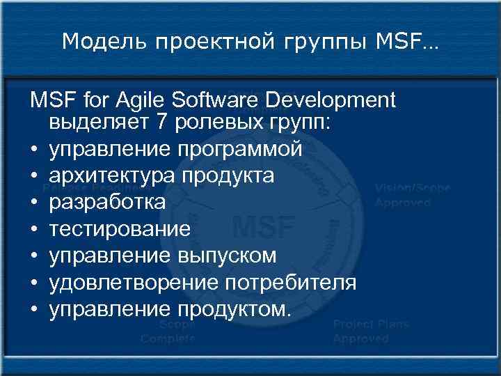 Модель проектной группы MSF… MSF for Agile Software Development выделяет 7 ролевых групп: •