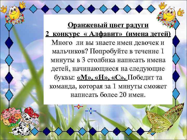 Оранжевый цвет радуги 2 конкурс « Алфавит» (имена детей) Много ли вы знаете имен