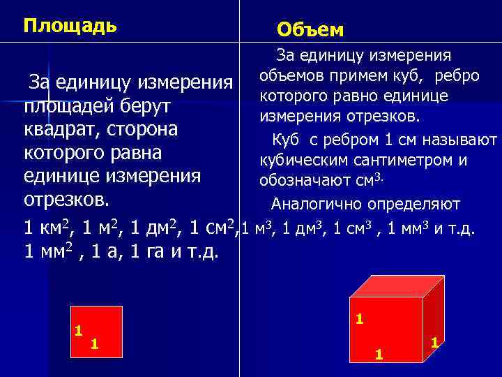 Площадь Объем За единицу измерения объемов примем куб, ребро которого равно единице площадей берут