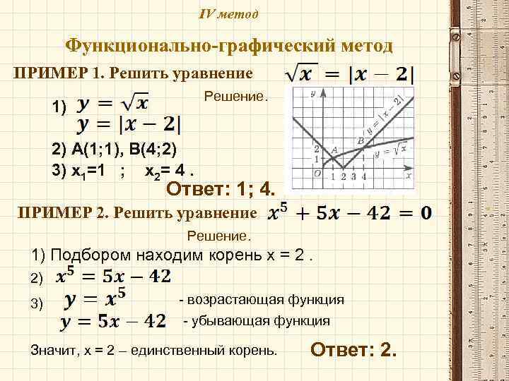 IV метод Функционально-графический метод ПРИМЕР 1. Решить уравнение Решение. 1) 2) А(1; 1), В(4;