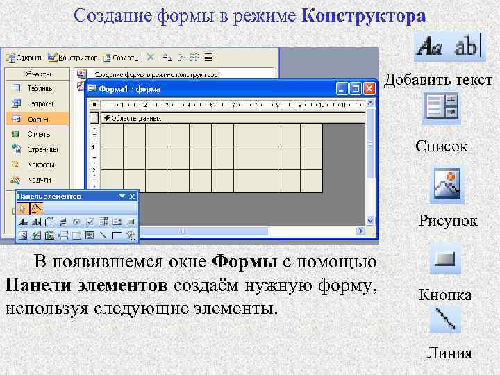 Создание формы в режиме Конструктора Добавить текст Список Рисунок В появившемся окне Формы с