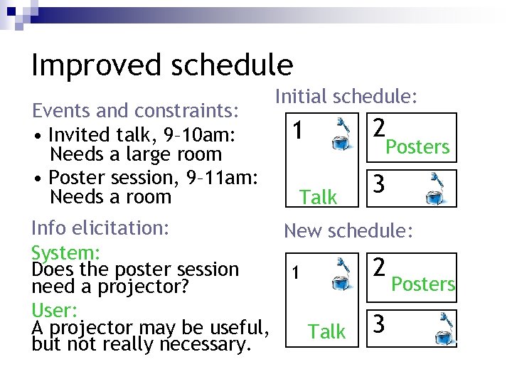Improved schedule Events and constraints: • Invited talk, 9– 10 am: Needs a large