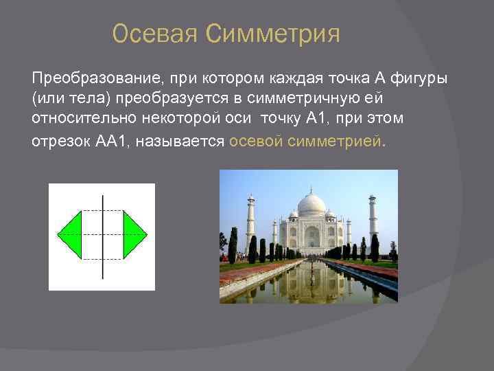 Осевая Симметрия Преобразование, при котором каждая точка А фигуры (или тела) преобразуется в симметричную