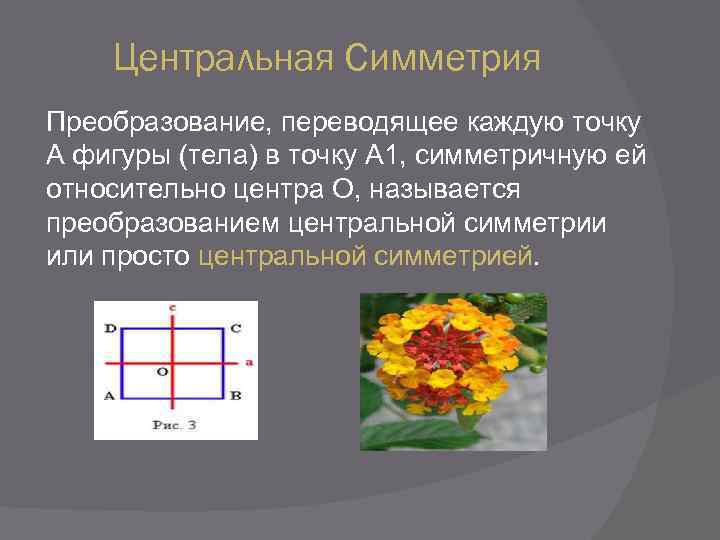 Центральная Симметрия Преобразование, переводящее каждую точку А фигуры (тела) в точку А 1, симметричную