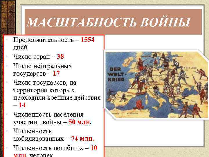 МАСШТАБНОСТЬ ВОЙНЫ • Продолжительность – 1554 дней • Число стран – 38 • Число
